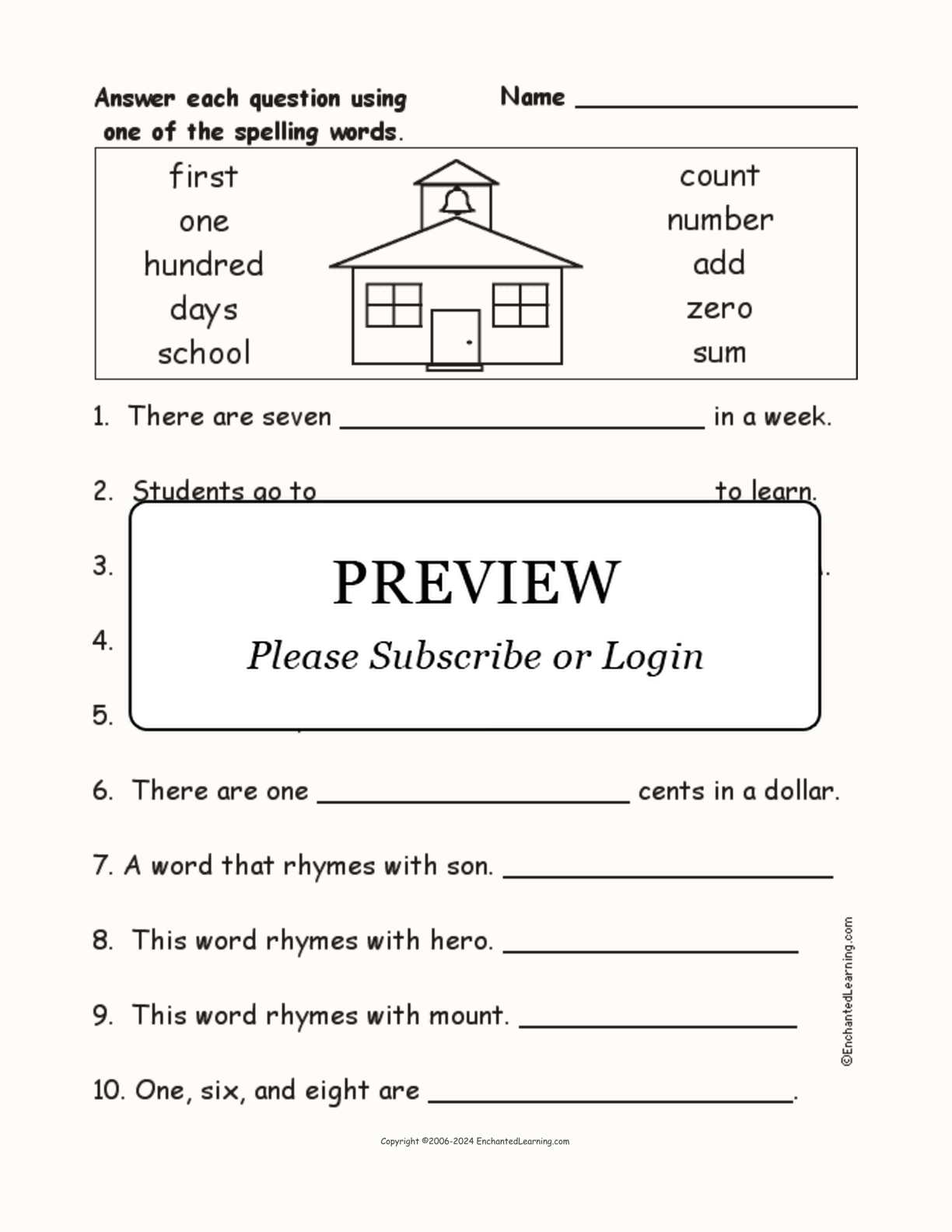100th Day of School: Spelling Word Questions interactive worksheet page 1