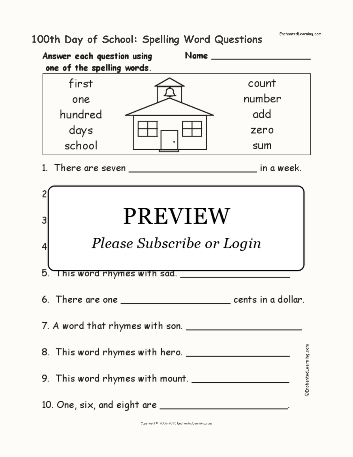 100th Day of School: Spelling Word Questions interactive worksheet page 1