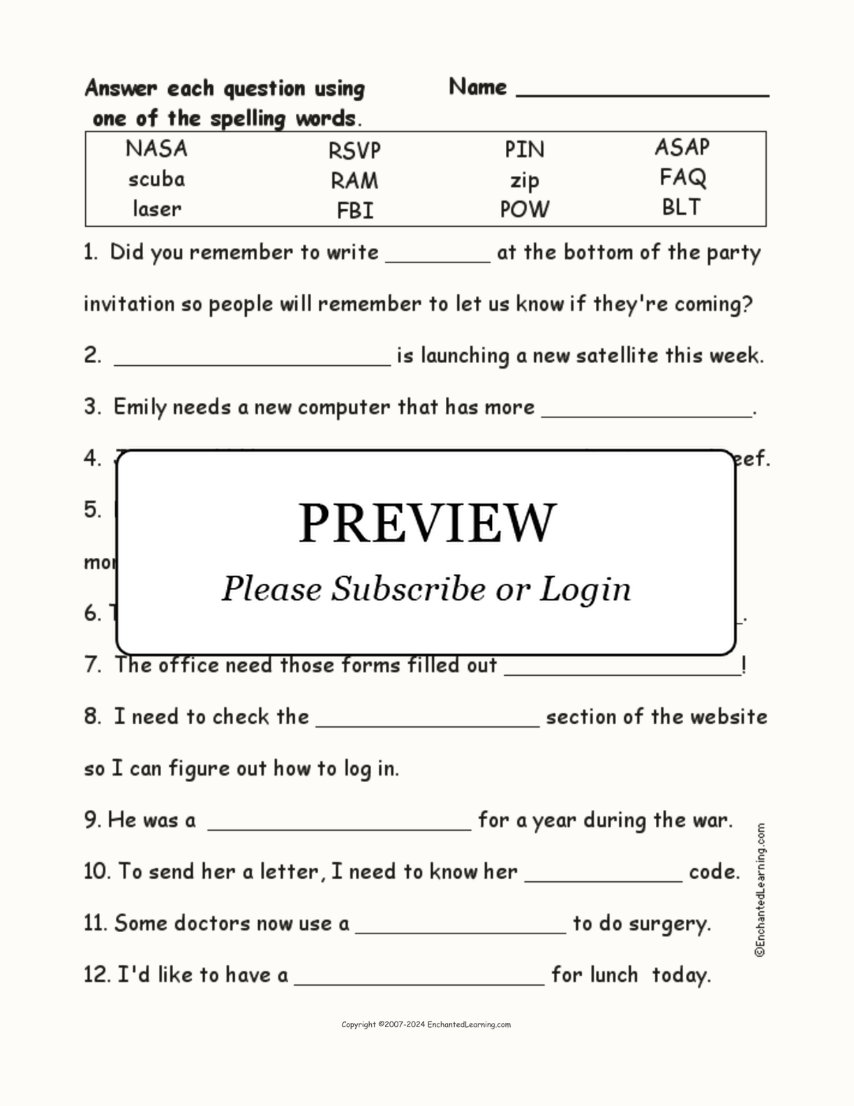Acronyms Spelling Word Questions interactive worksheet page 1