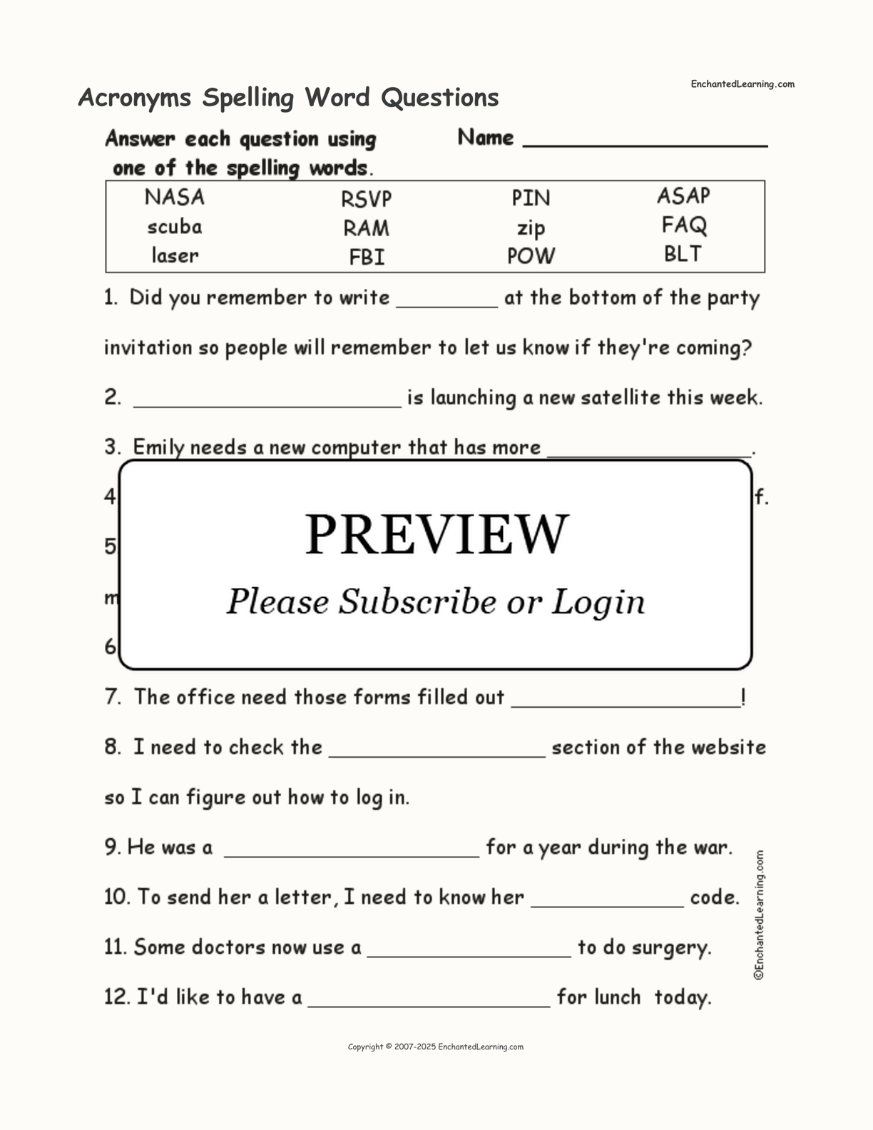 Acronyms Spelling Word Questions interactive worksheet page 1