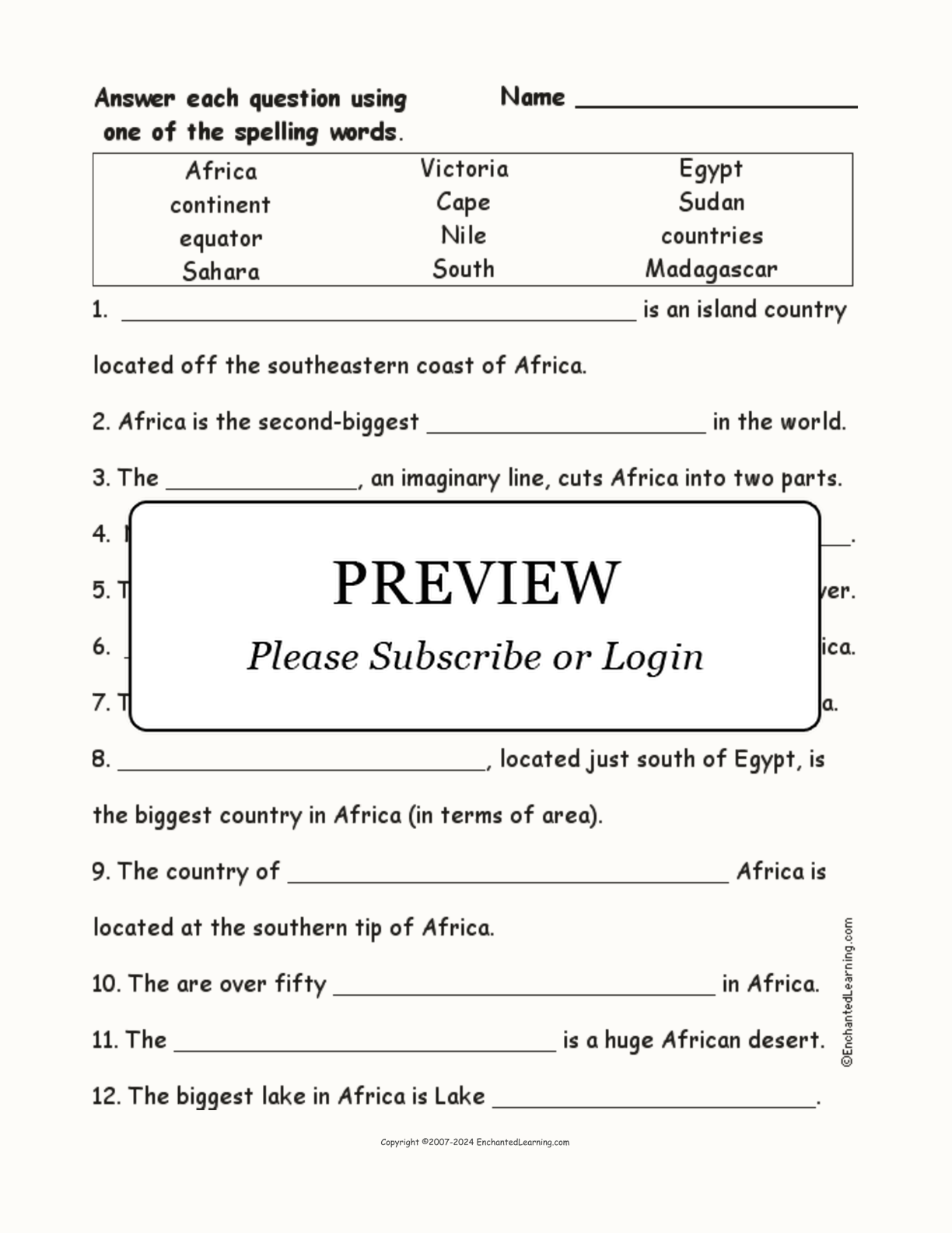 African Spelling Word Questions interactive worksheet page 1