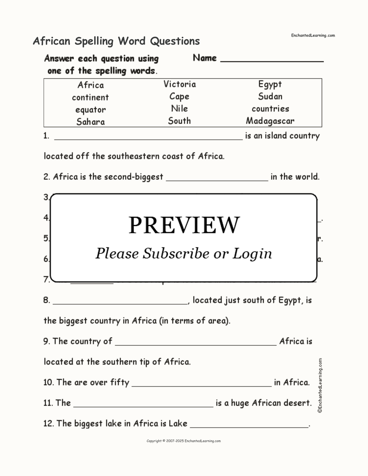 African Spelling Word Questions interactive worksheet page 1