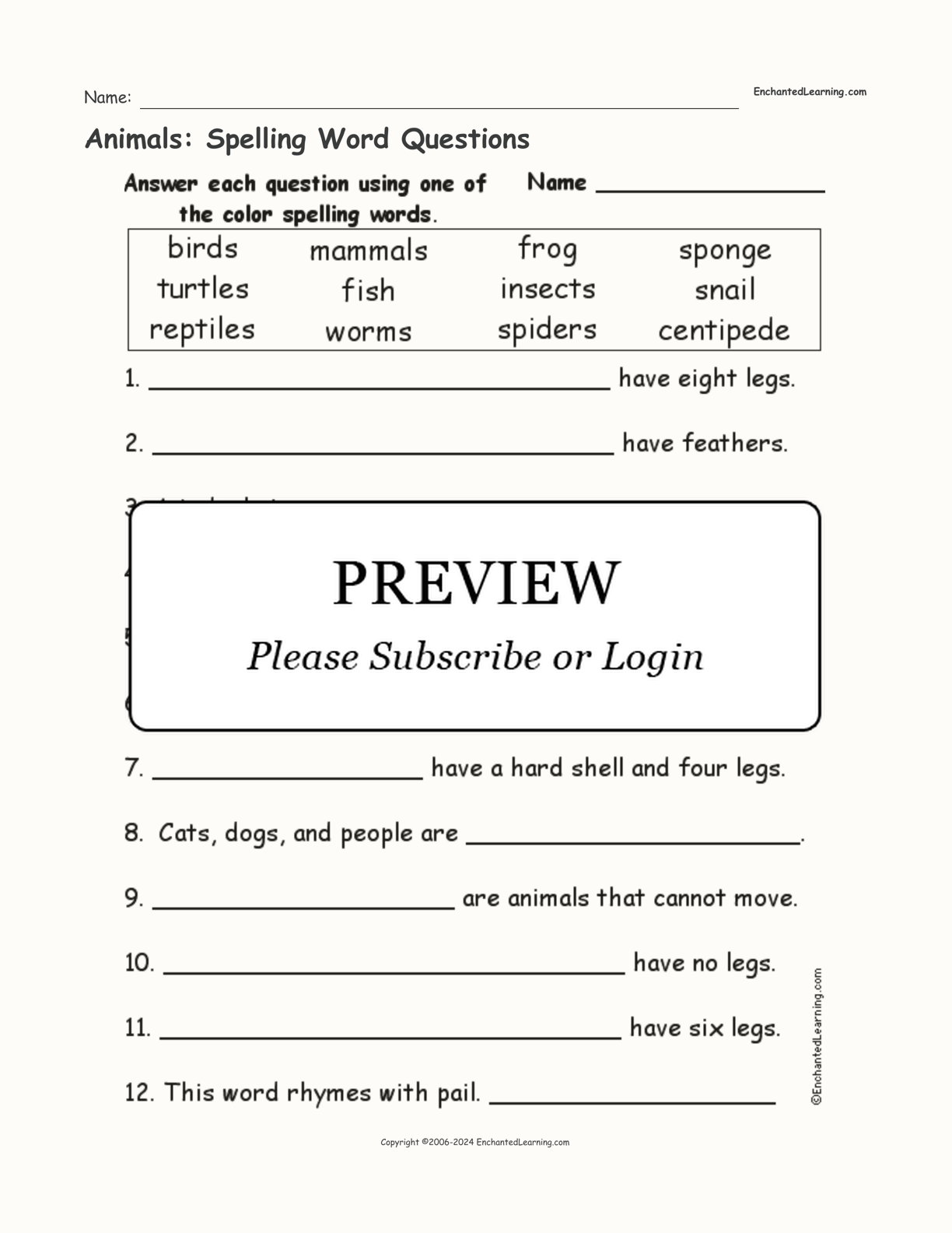 Animals: Spelling Word Questions interactive worksheet page 1