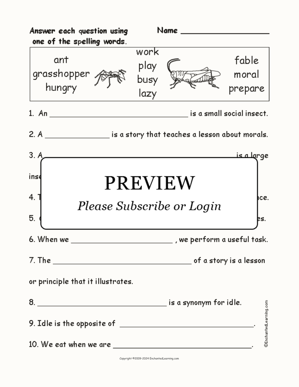 'The Ant and The Grasshopper' Spelling Questions interactive worksheet page 1