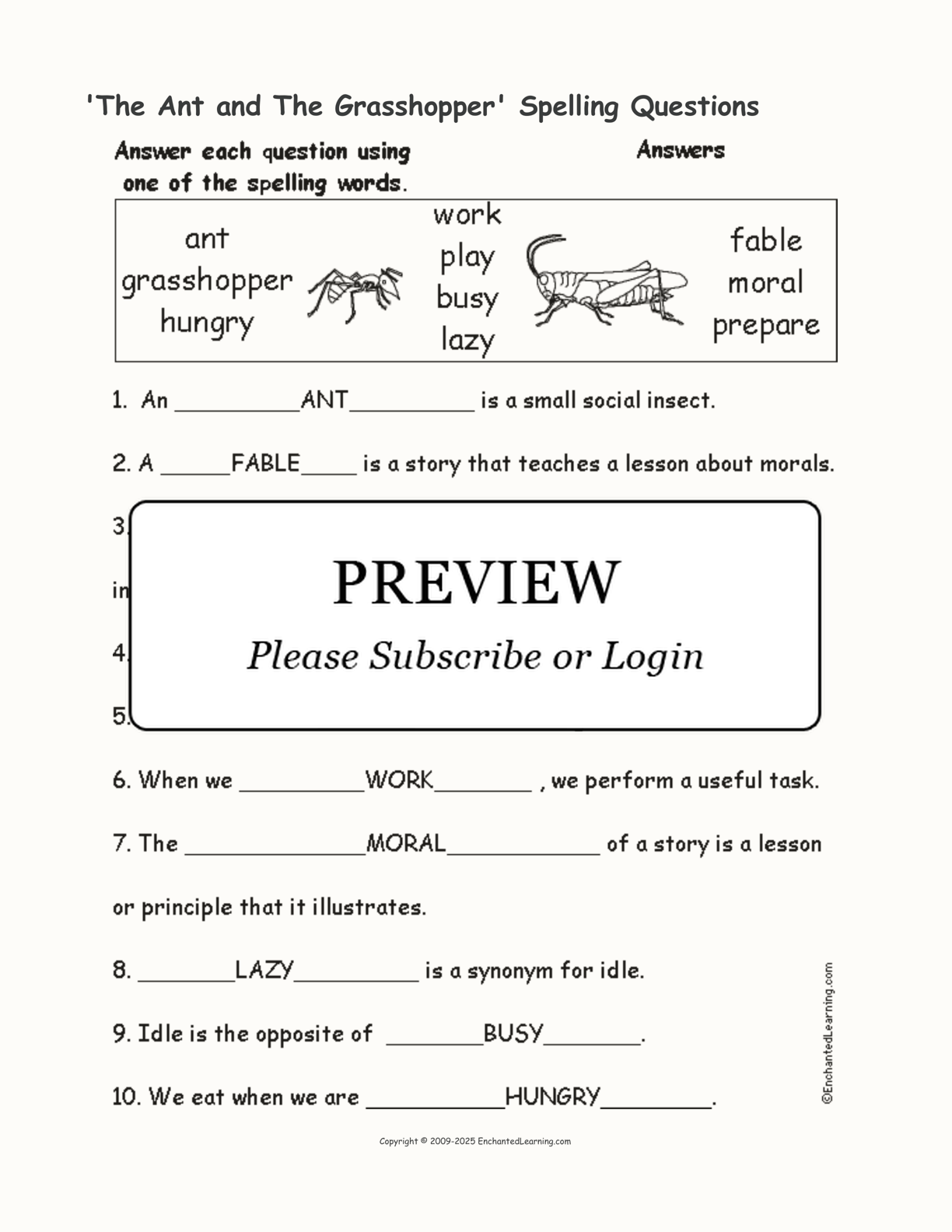 'The Ant and The Grasshopper' Spelling Questions interactive worksheet page 2