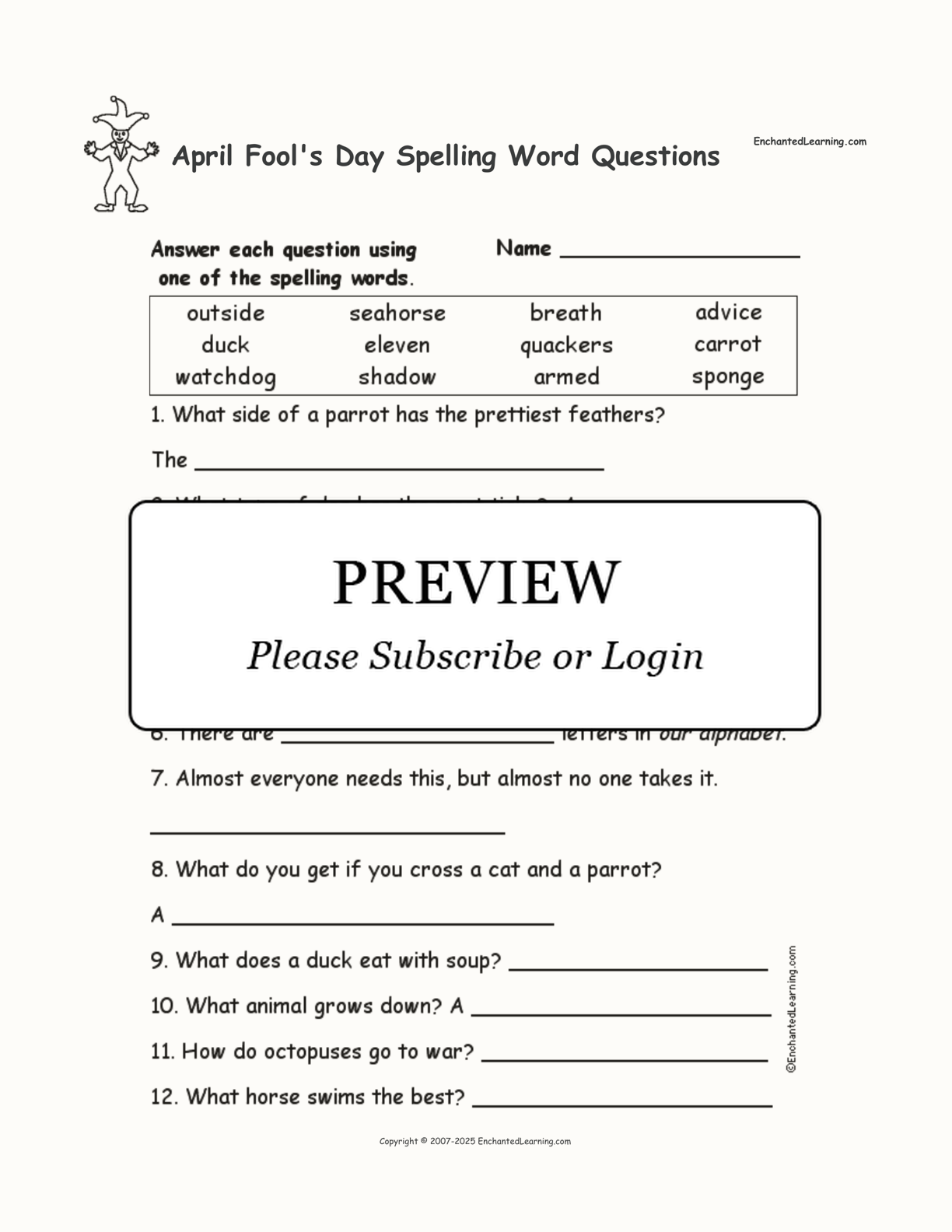 April Fool's Day Spelling Word Questions interactive worksheet page 1