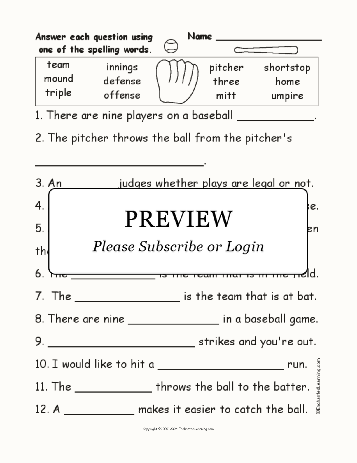 Baseball Spelling Word Questions interactive worksheet page 1