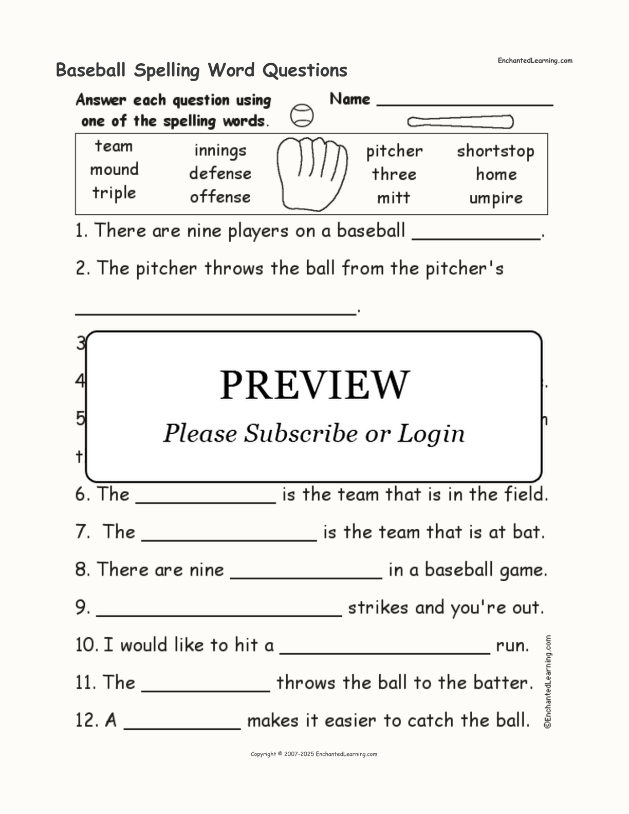 Baseball Spelling Word Questions interactive worksheet page 1