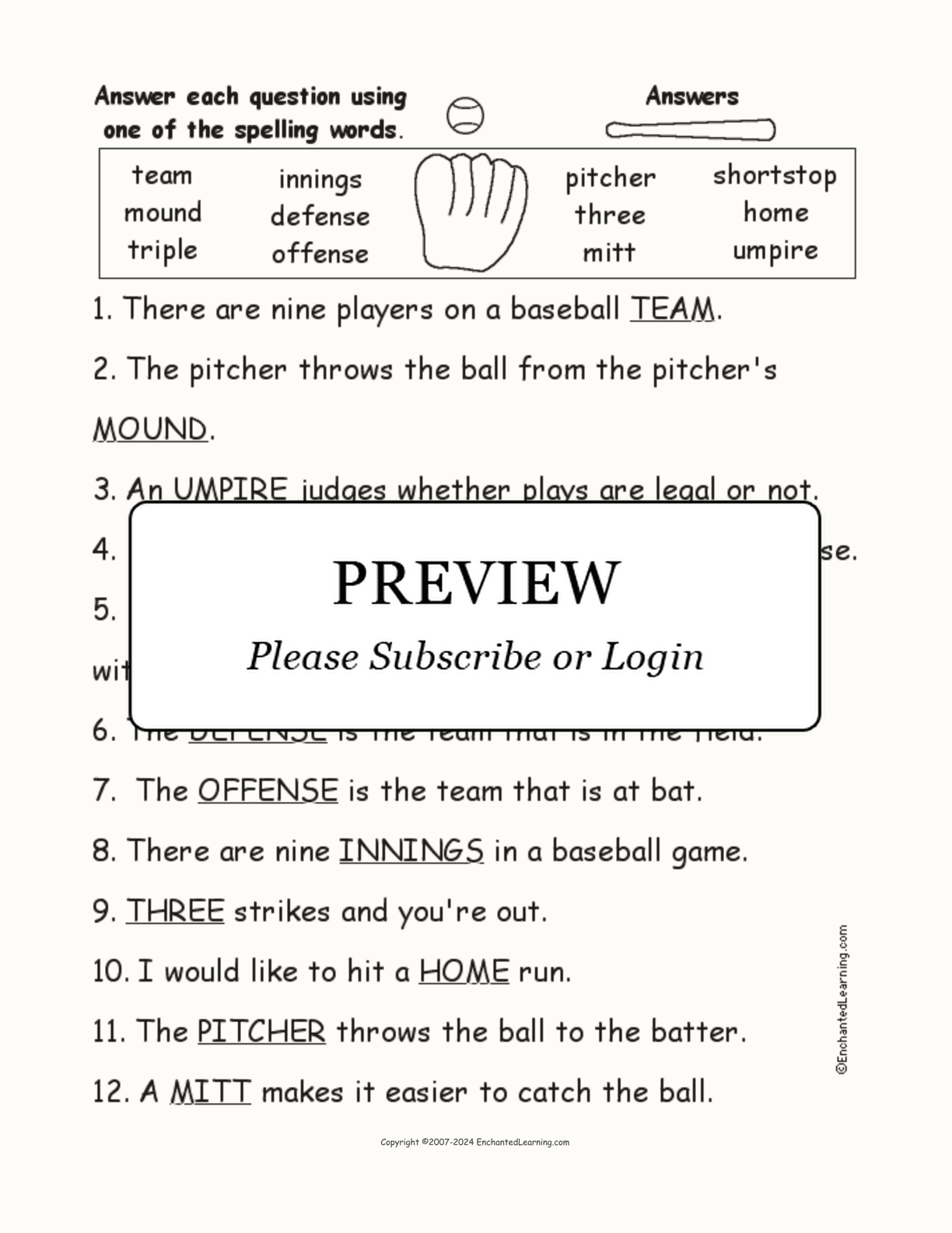 Baseball Spelling Word Questions interactive worksheet page 2