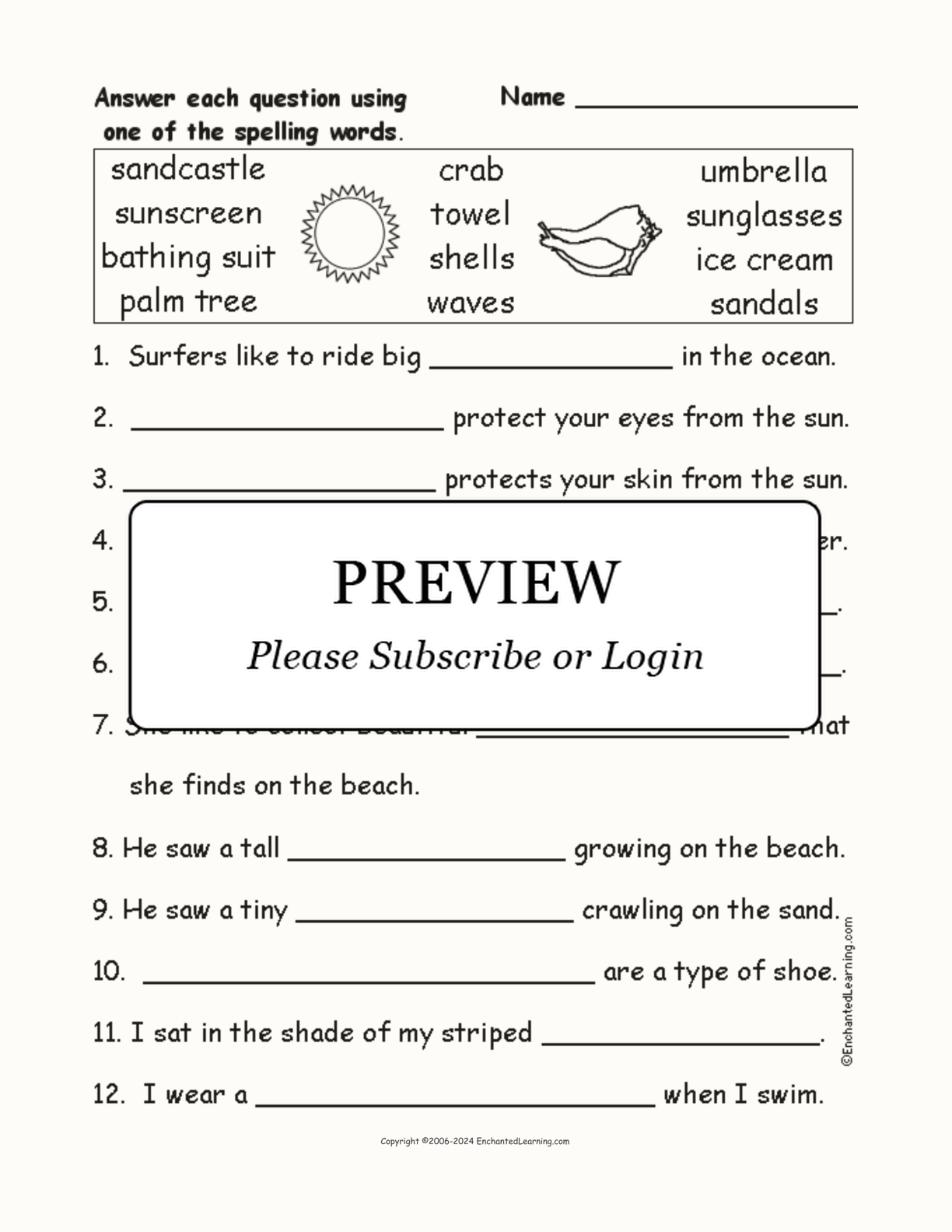 Beach Spelling Word Questions interactive worksheet page 1