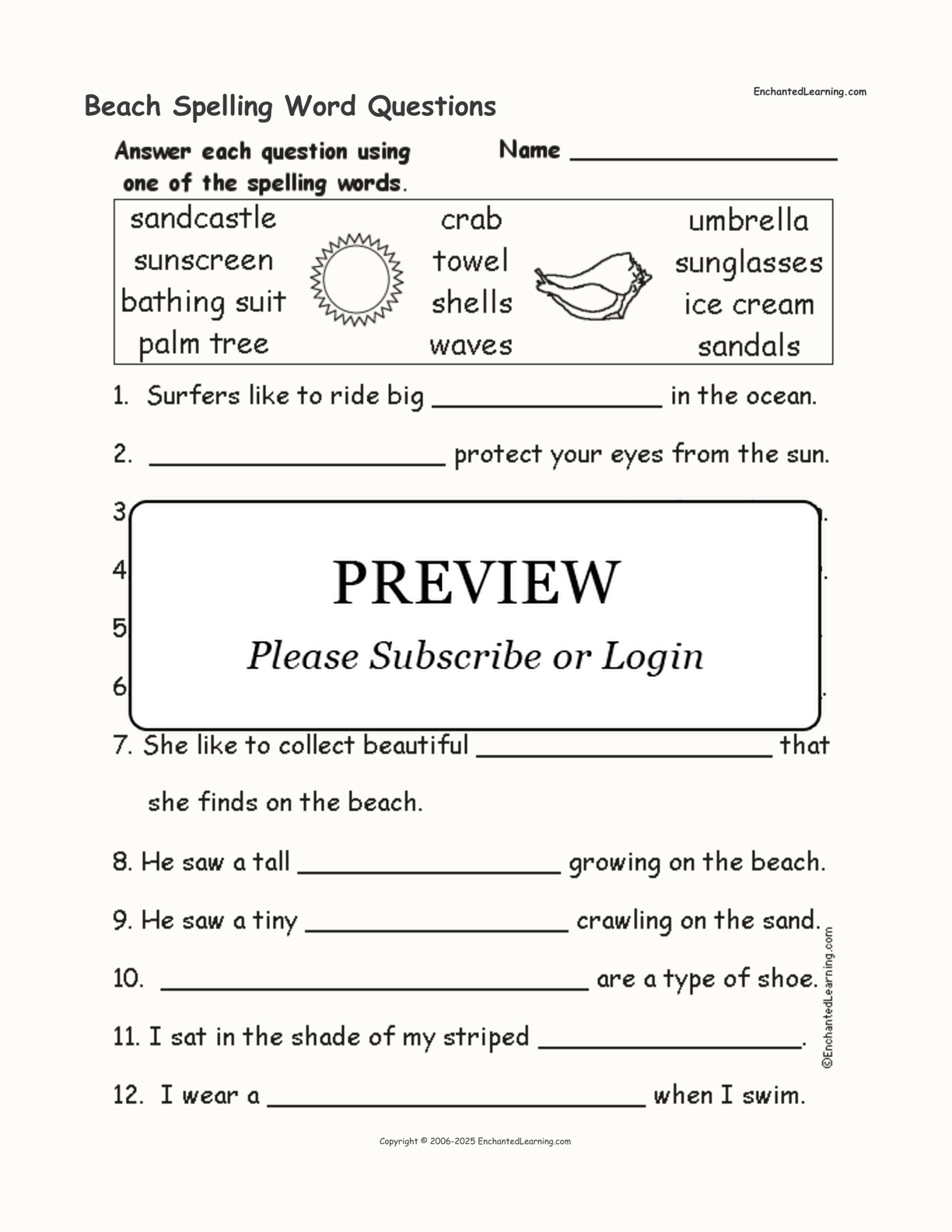 Beach Spelling Word Questions interactive worksheet page 1