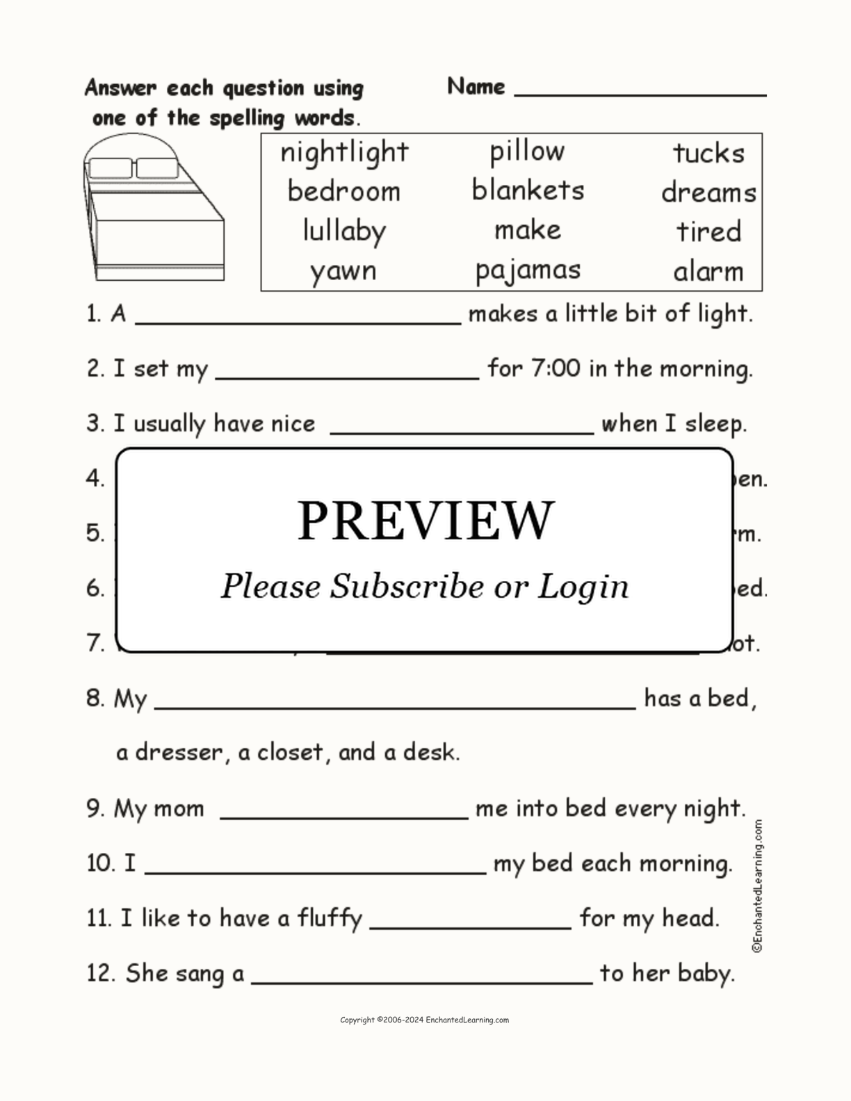 Bedtime Spelling Word Questions interactive worksheet page 1