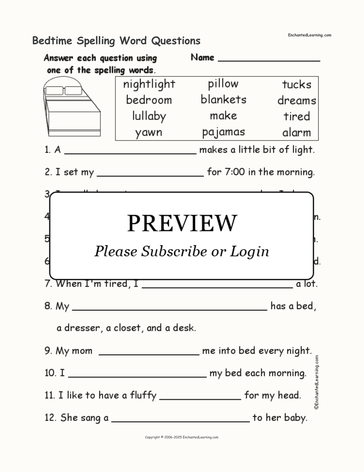 Bedtime Spelling Word Questions interactive worksheet page 1