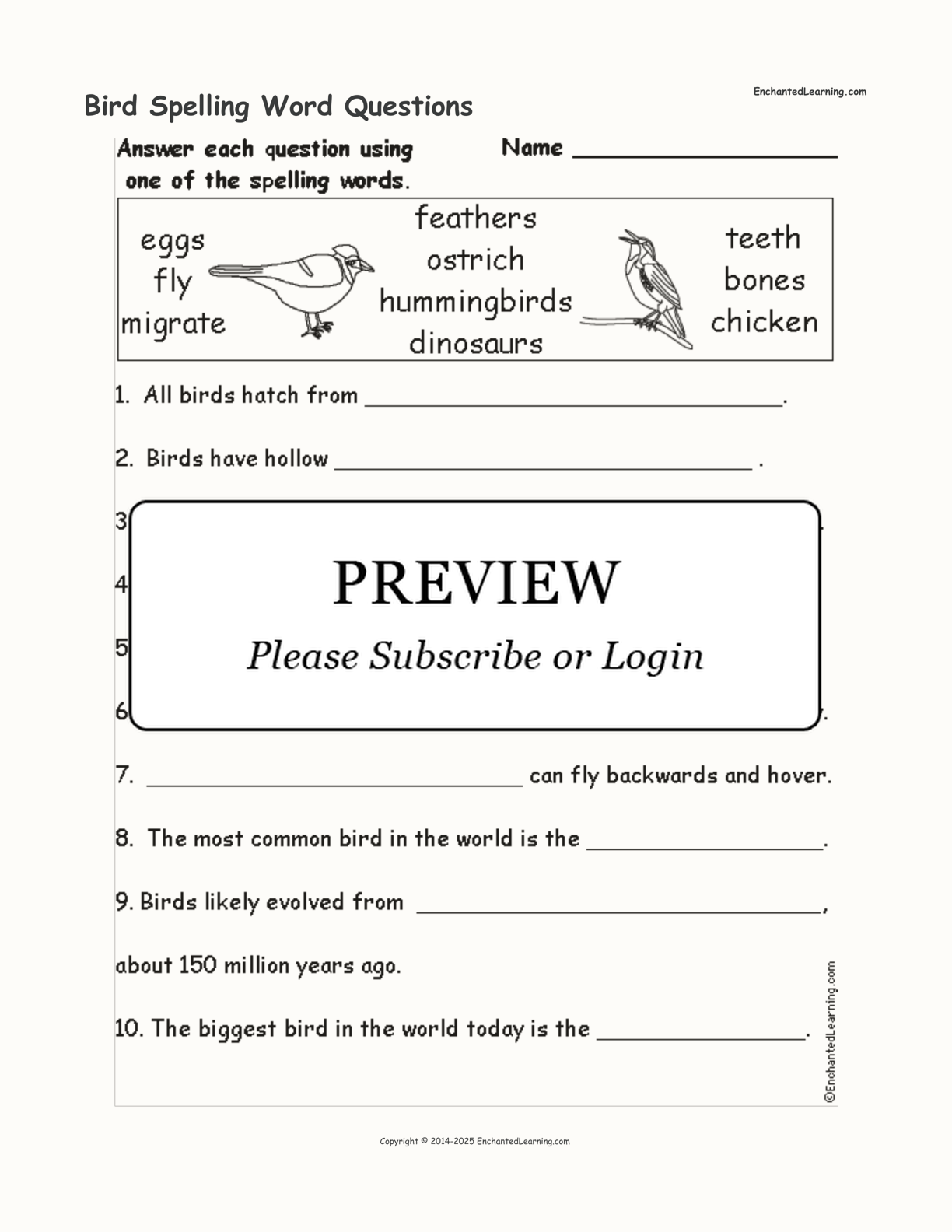 Bird Spelling Word Questions interactive worksheet page 1