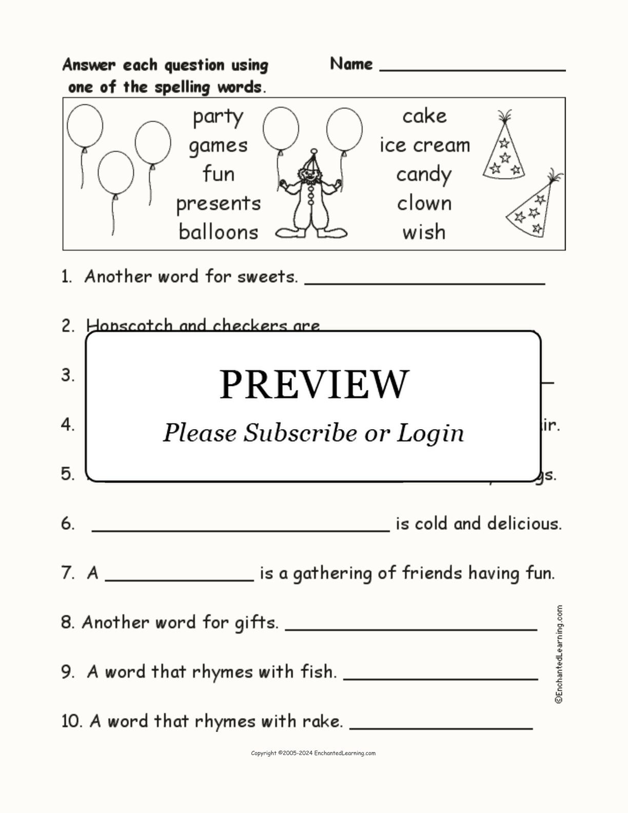 Birthday Spelling Word Questions interactive worksheet page 1