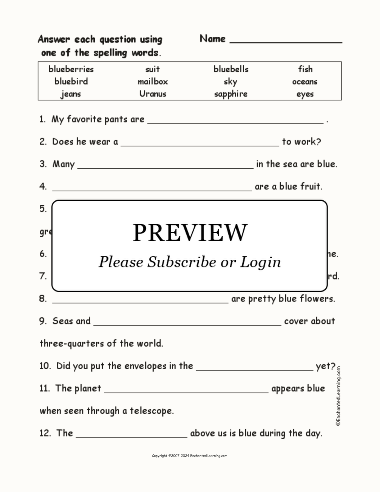 Blue Things: Spelling Word Questions interactive worksheet page 1