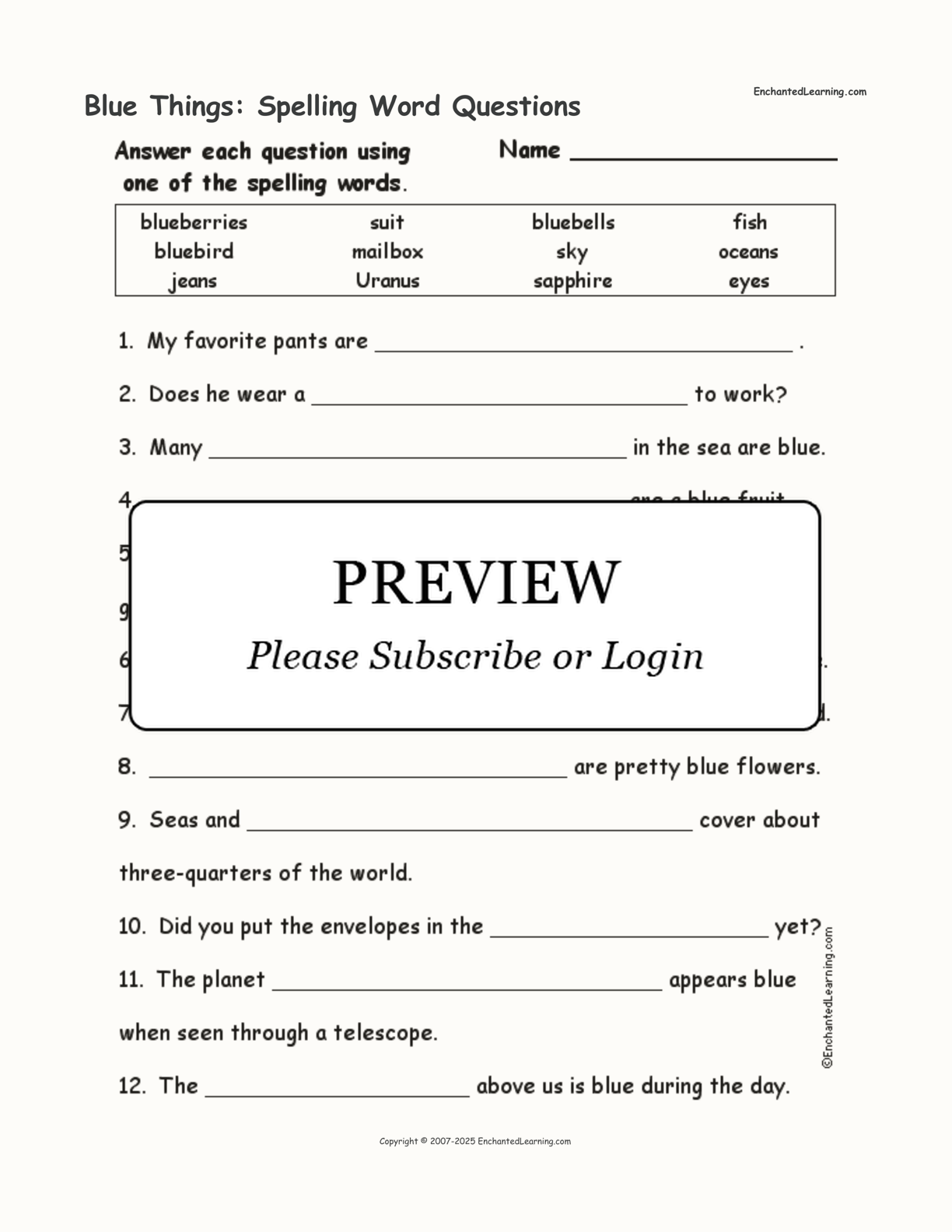 Blue Things: Spelling Word Questions interactive worksheet page 1