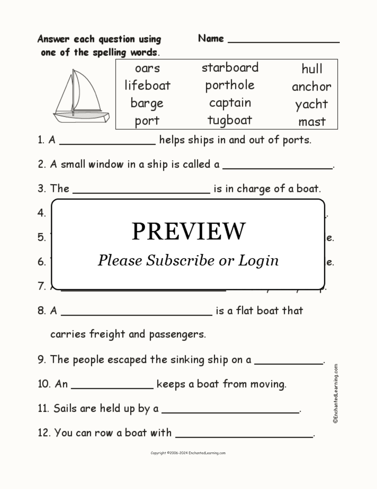 Boat Spelling Word Questions interactive worksheet page 1