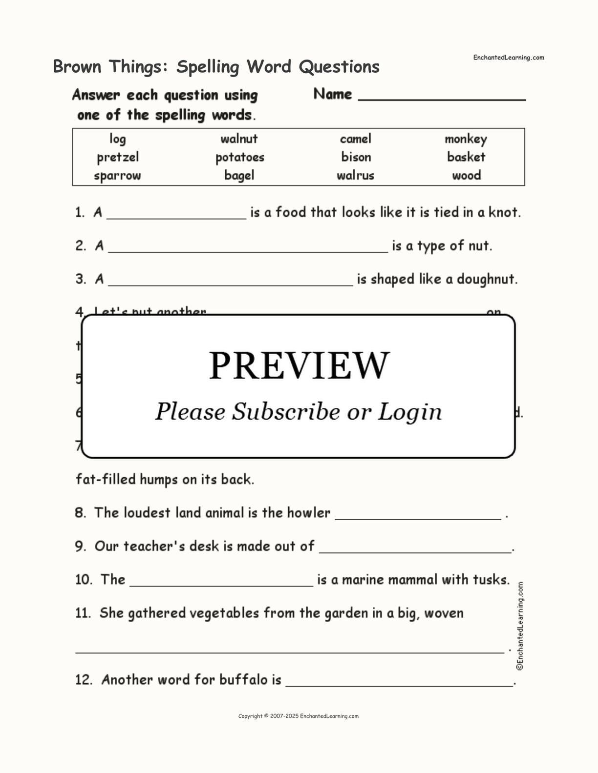 Brown Things: Spelling Word Questions interactive worksheet page 1