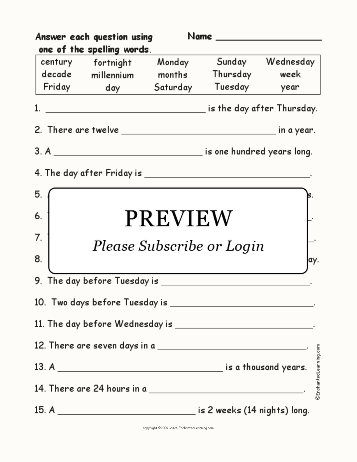Calendar Spelling Word Questions interactive worksheet page 1