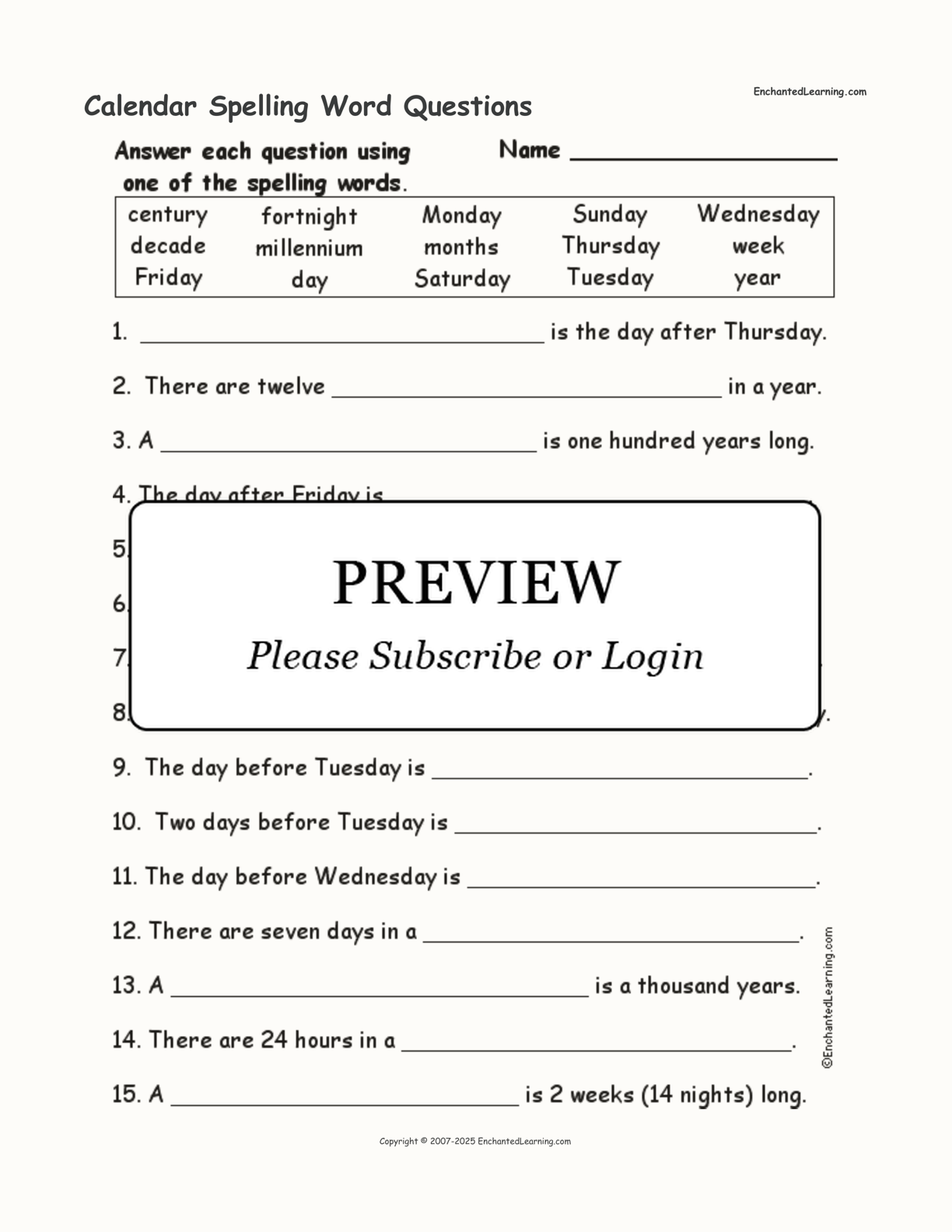 Calendar Spelling Word Questions interactive worksheet page 1