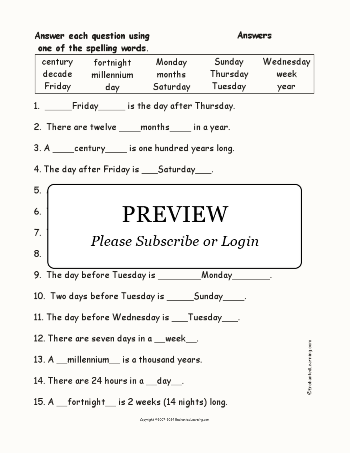 Calendar Spelling Word Questions interactive worksheet page 2