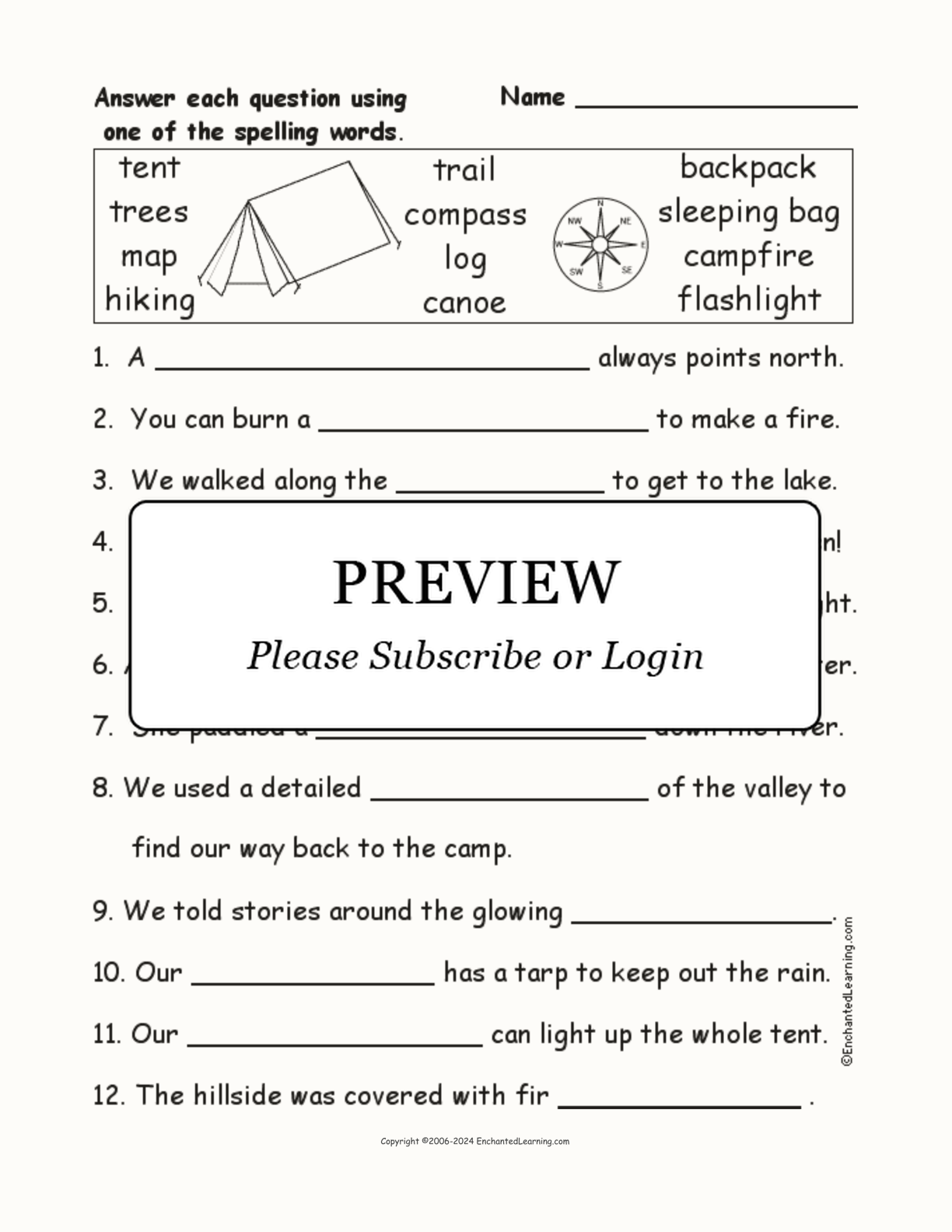 Camping Spelling Word Questions interactive worksheet page 1