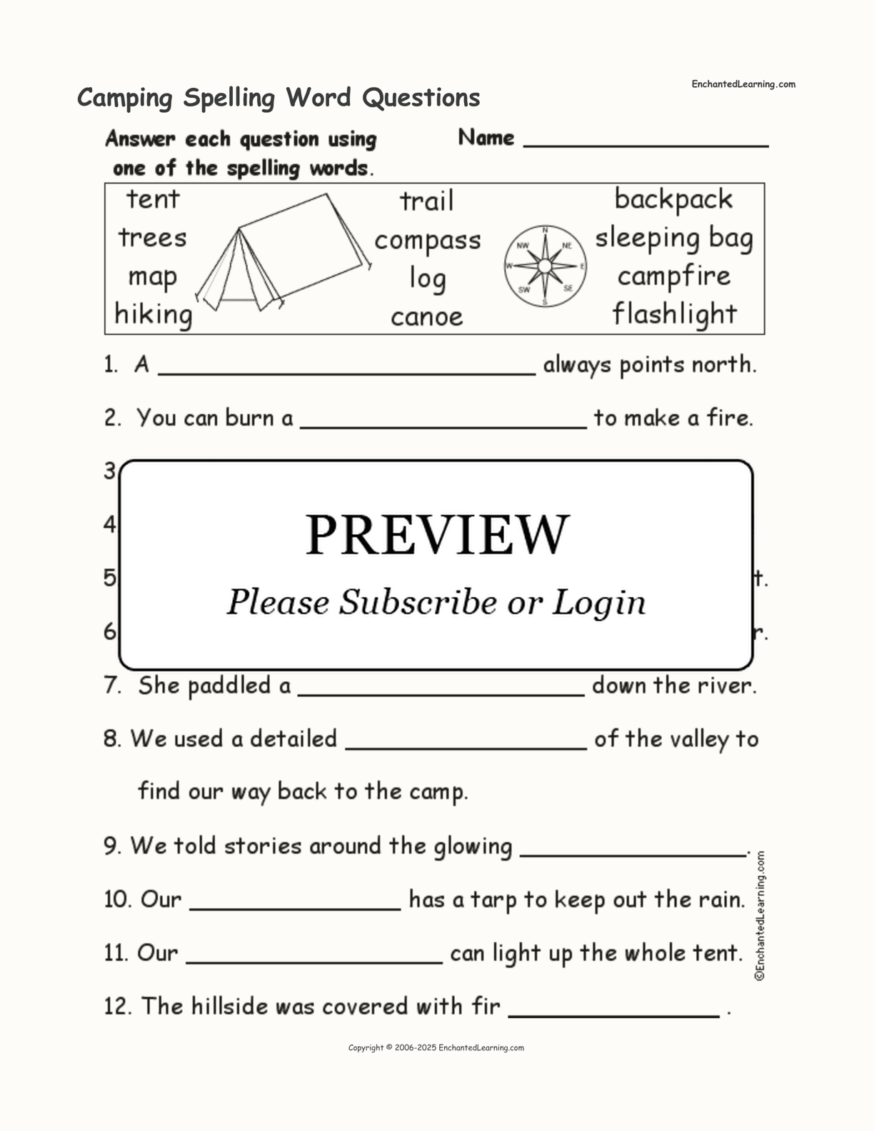 Camping Spelling Word Questions interactive worksheet page 1