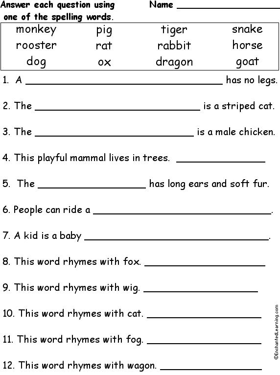 Chinese Zodiac Animals: Spelling Word Questions