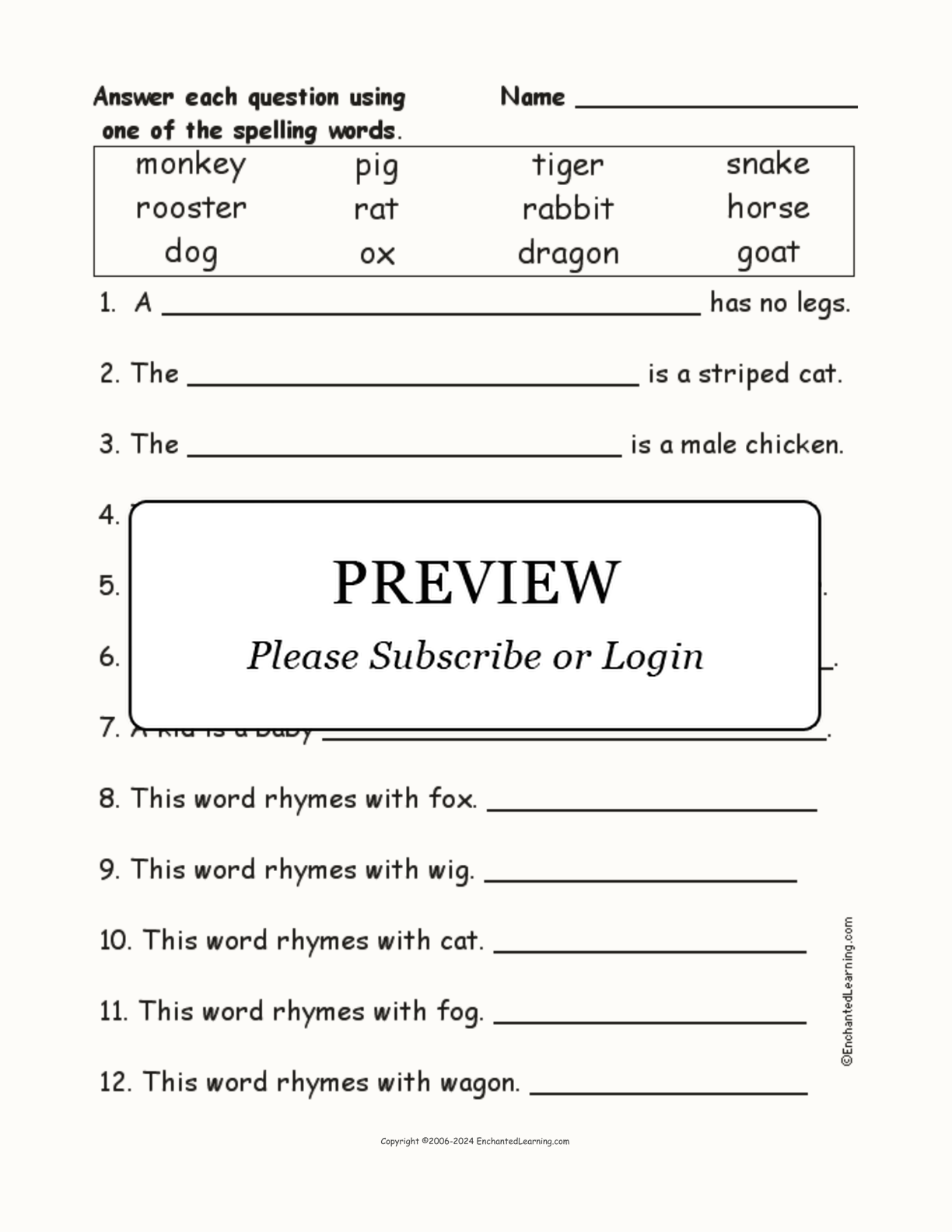 Chinese Zodiac Animals: Spelling Word Questions interactive worksheet page 1