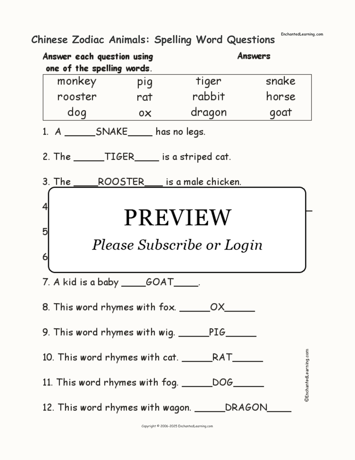 Chinese Zodiac Animals: Spelling Word Questions interactive worksheet page 2