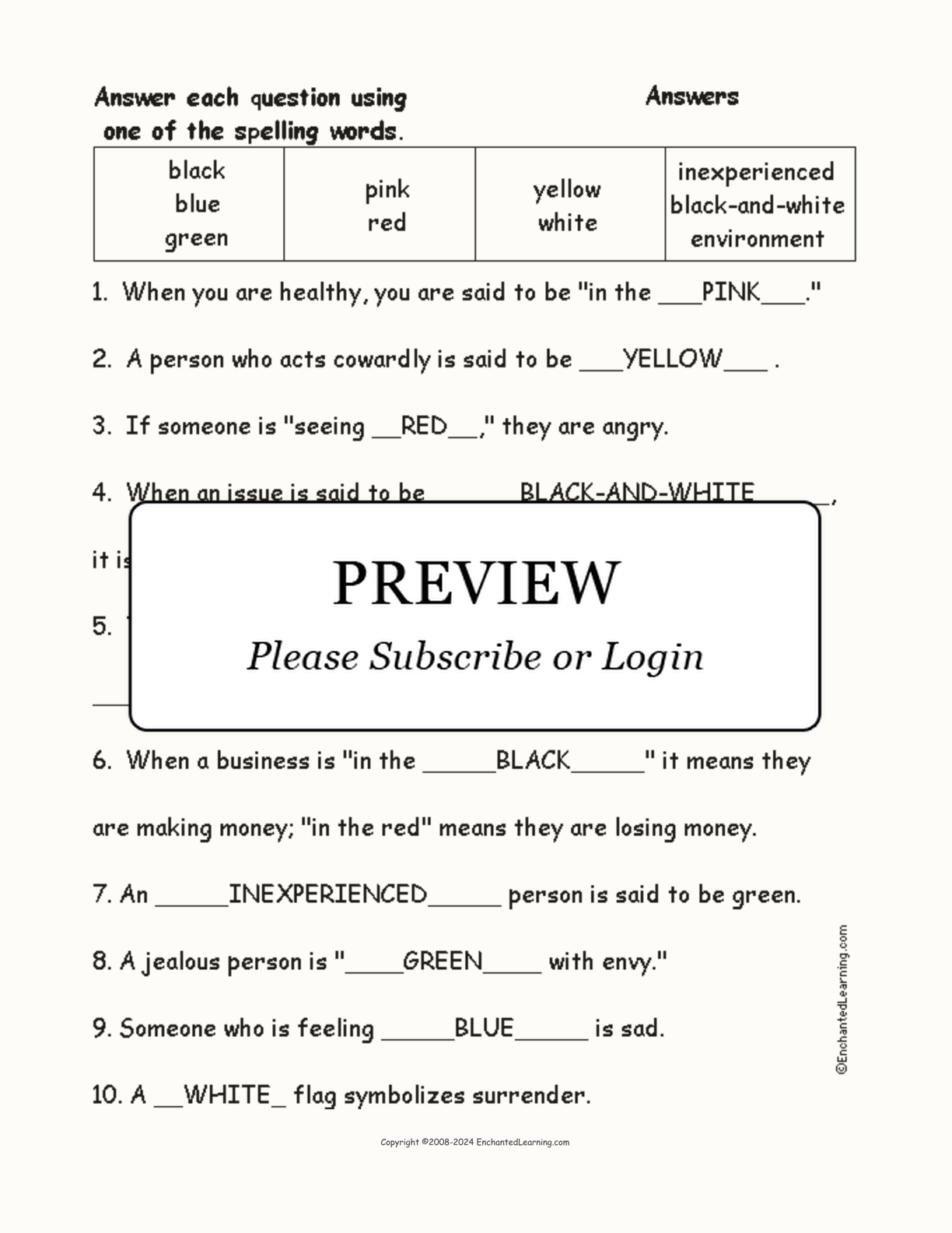 Color Metaphors and Imagery: Spelling Word Questions interactive worksheet page 2