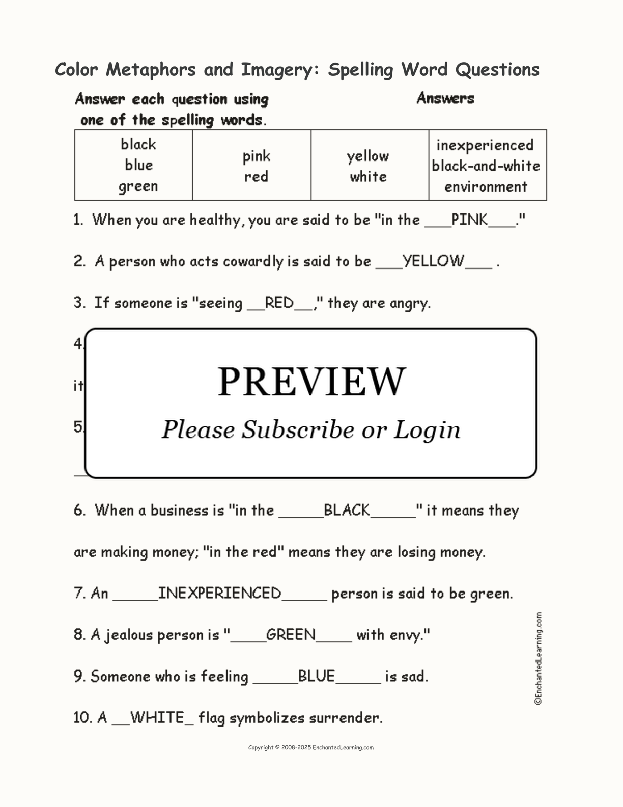 Color Metaphors and Imagery: Spelling Word Questions interactive worksheet page 2