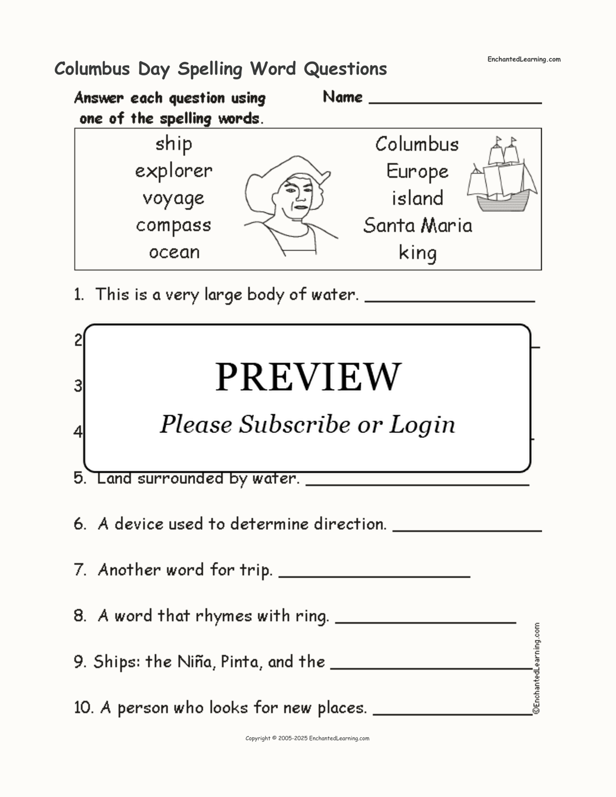 Columbus Day Spelling Word Questions interactive worksheet page 1