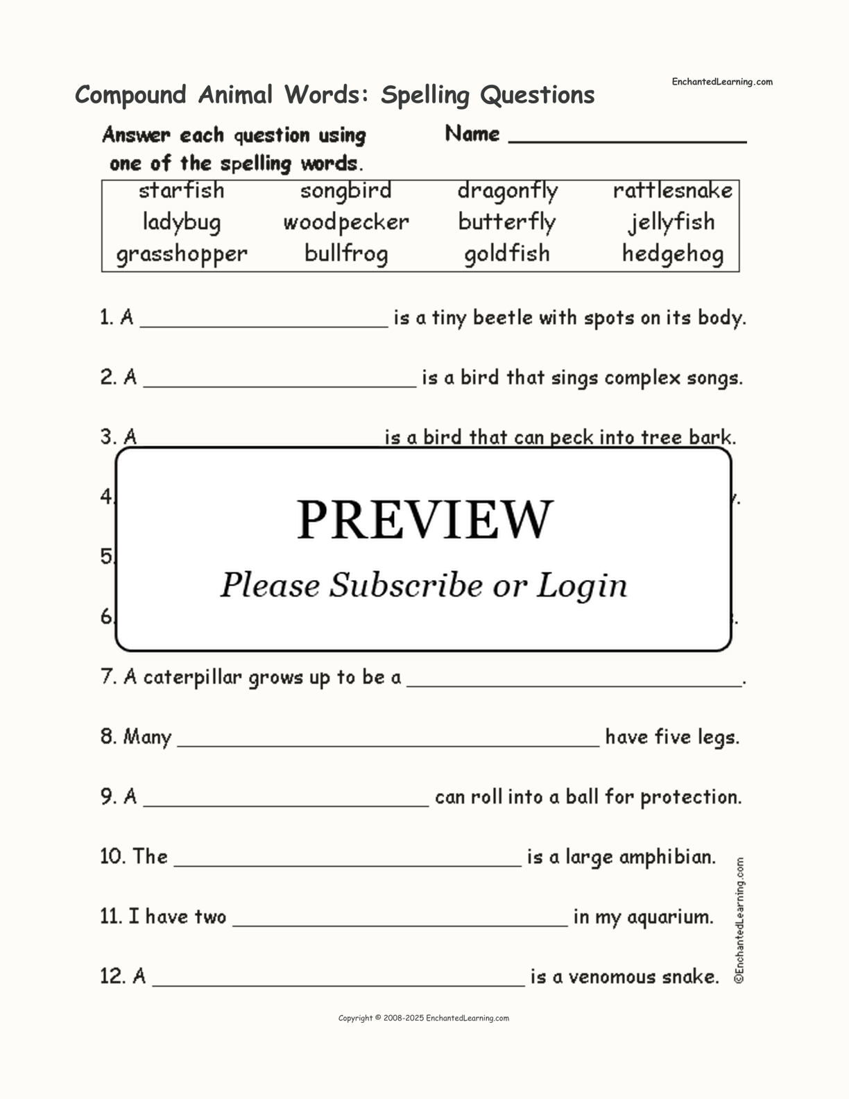 Compound Animal Words: Spelling Questions interactive worksheet page 1