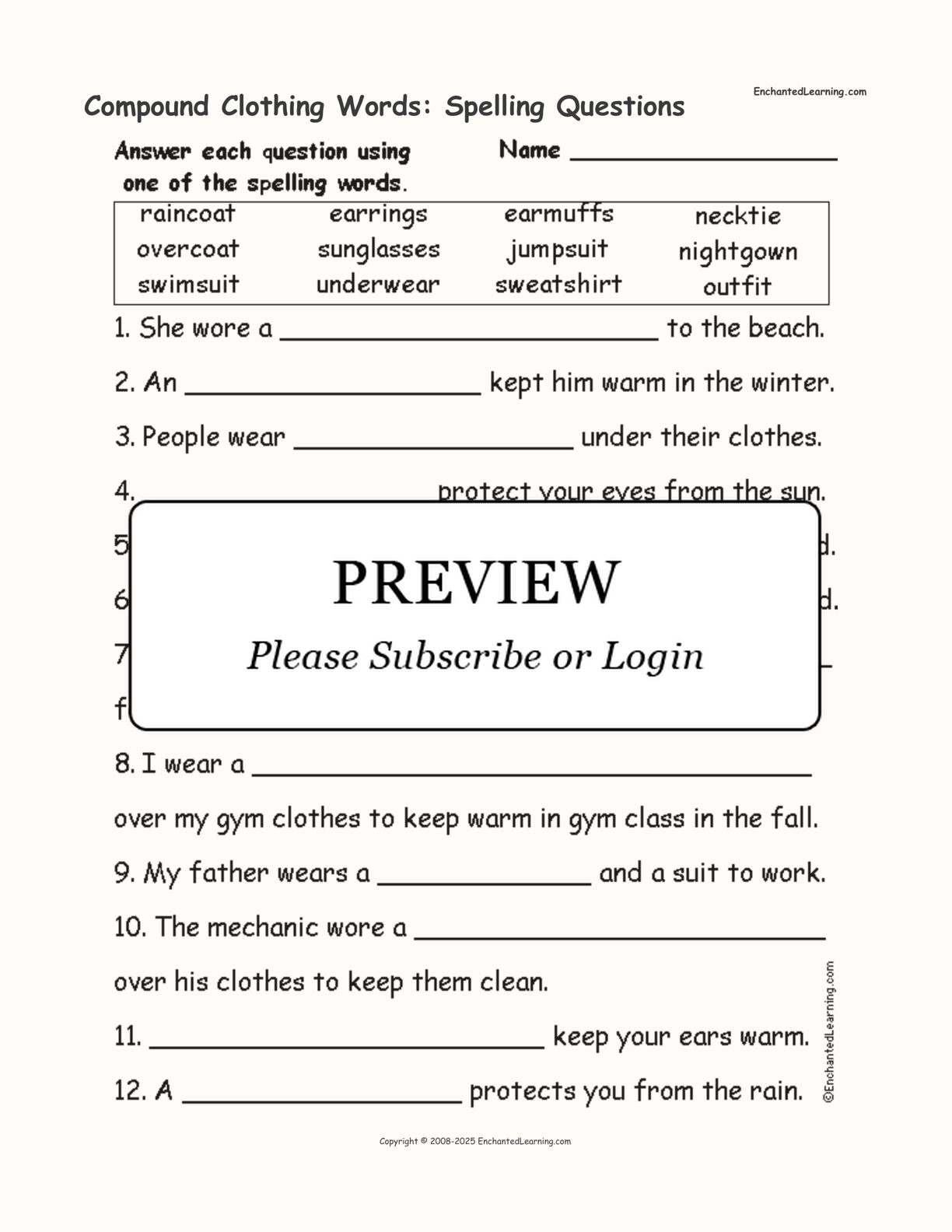 Compound Clothing Words: Spelling Questions interactive worksheet page 1