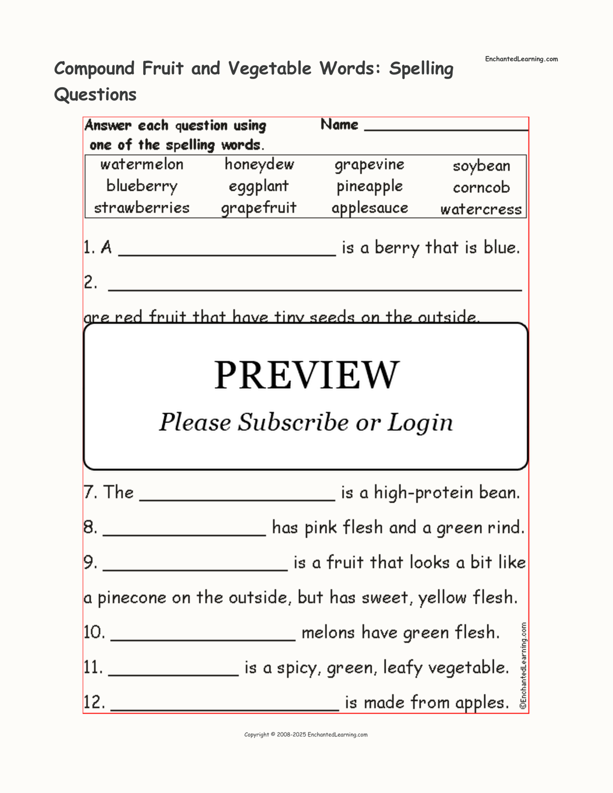 Compound Fruit and Vegetable Words: Spelling Questions interactive worksheet page 1