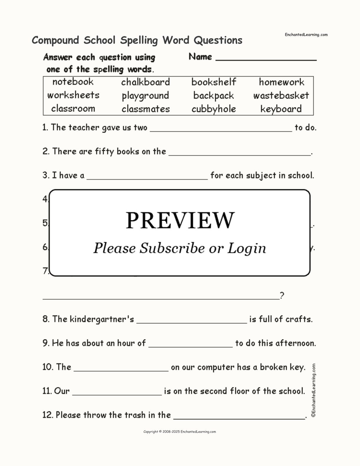 Compound School Spelling Word Questions interactive worksheet page 1