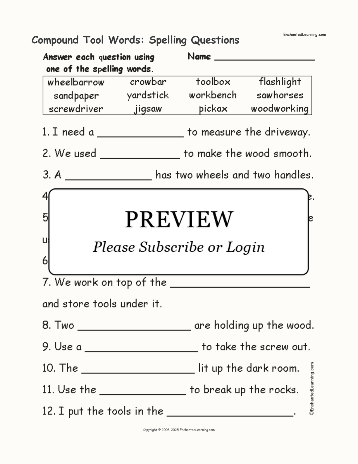 Compound Tool Words: Spelling Questions interactive worksheet page 1