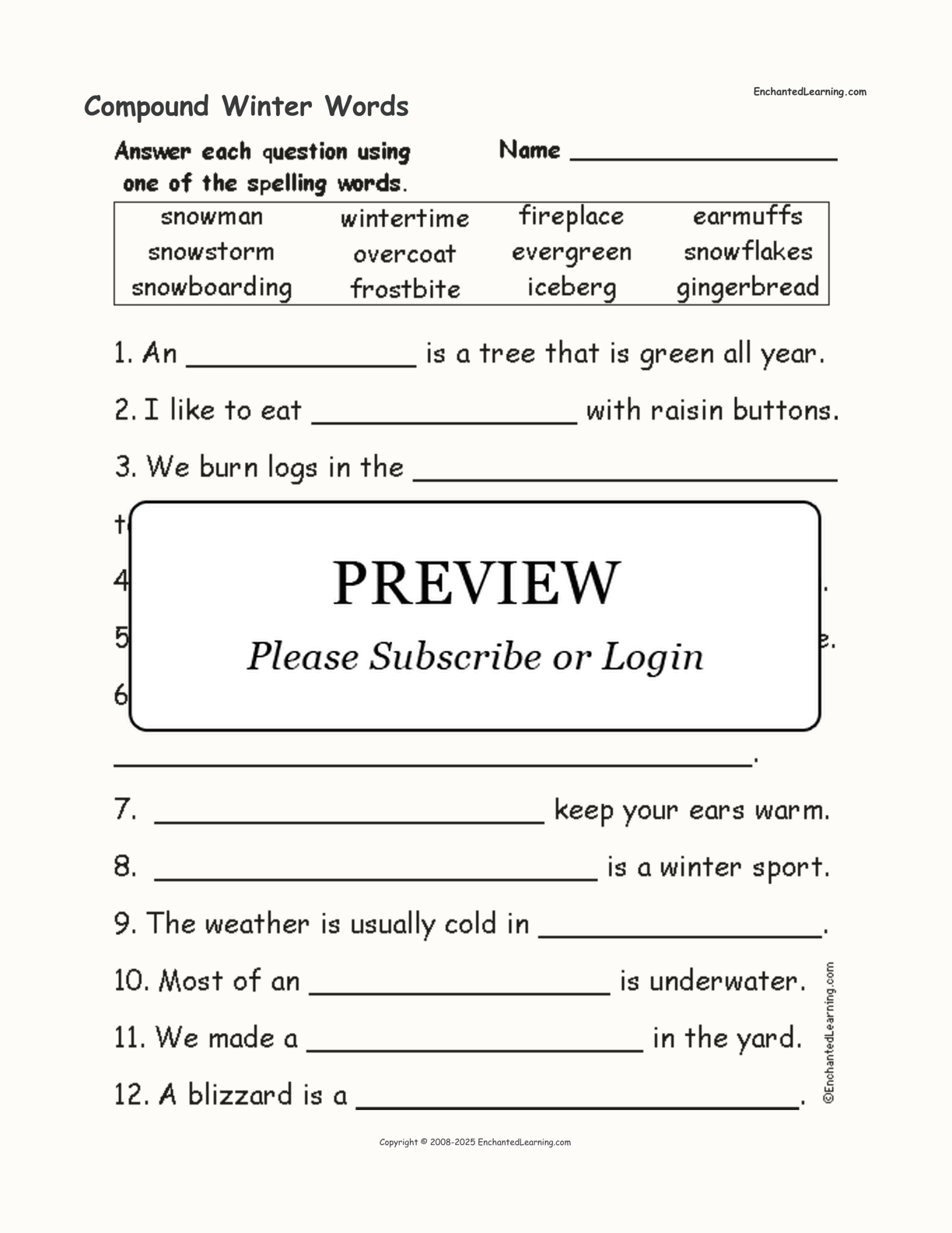 Compound Winter Words interactive worksheet page 1