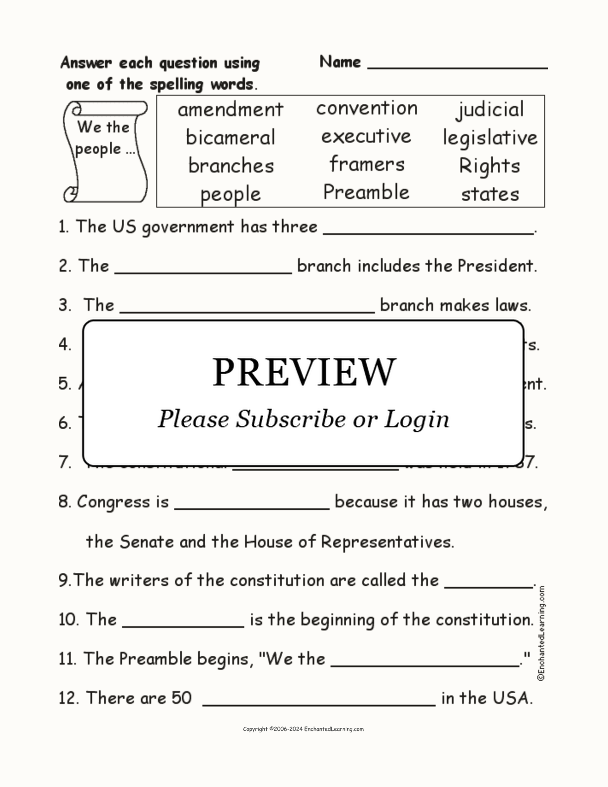Constitution Spelling Word Questions interactive worksheet page 1