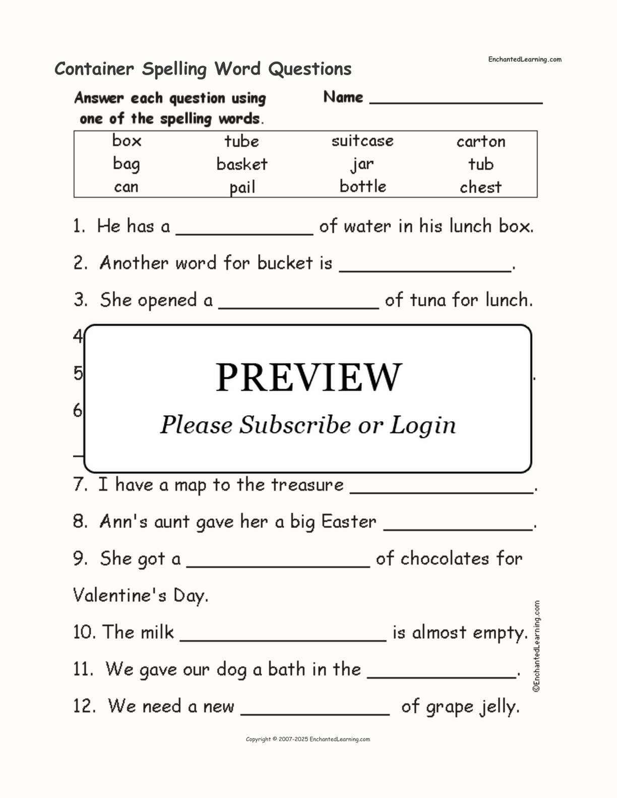 Container Spelling Word Questions interactive worksheet page 1