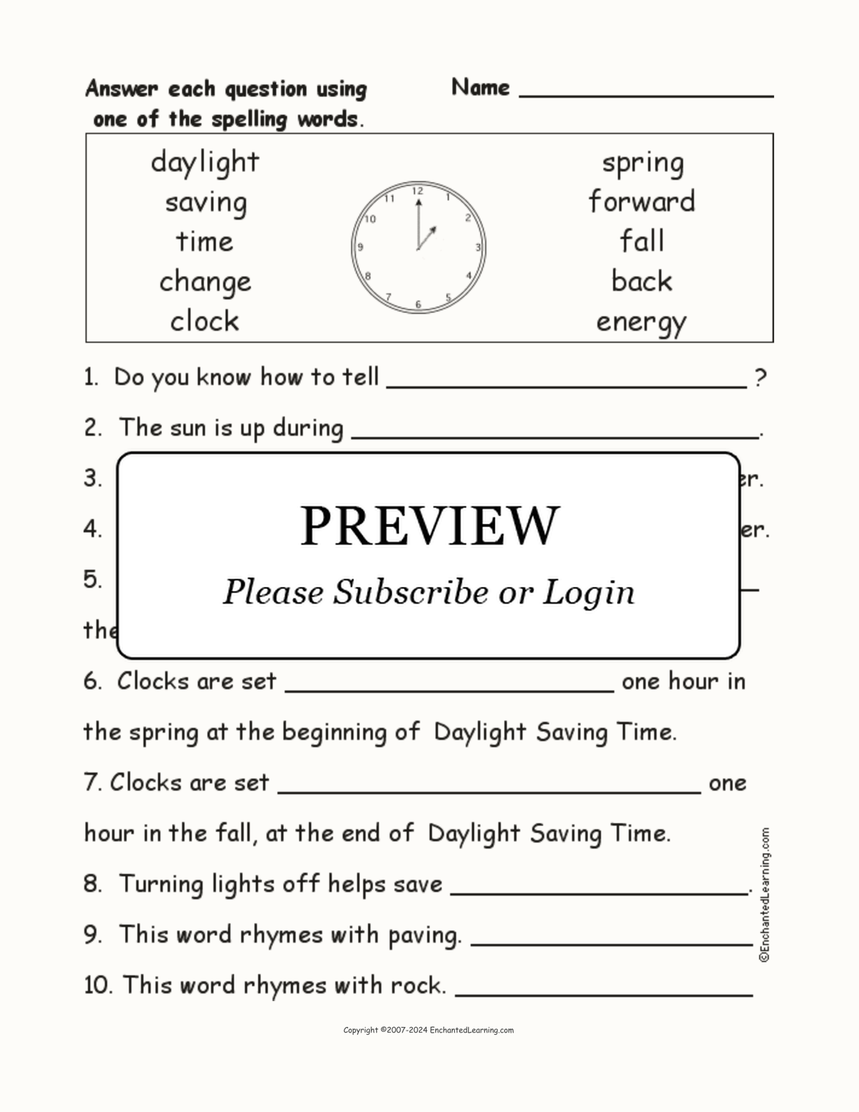 Daylight Saving Time: Spelling Word Questions interactive worksheet page 1