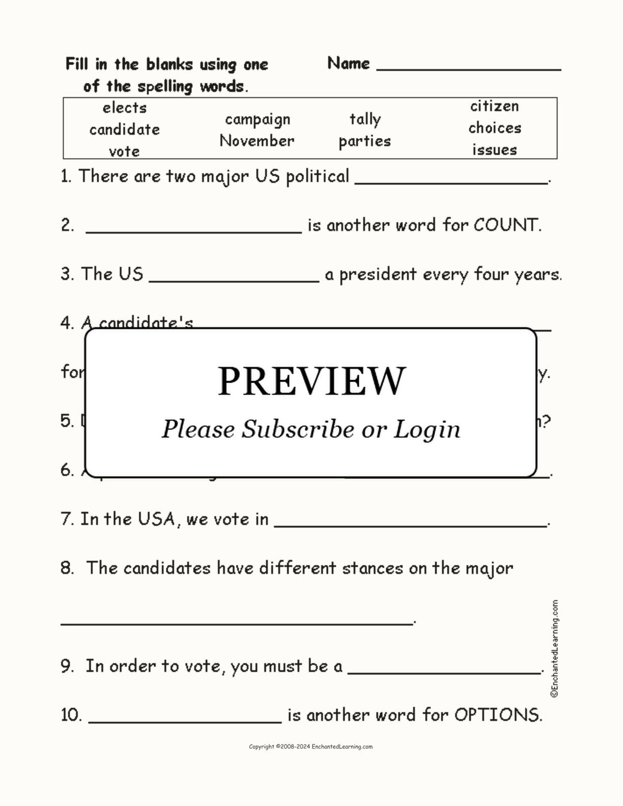Election Spelling Word Questions interactive worksheet page 1