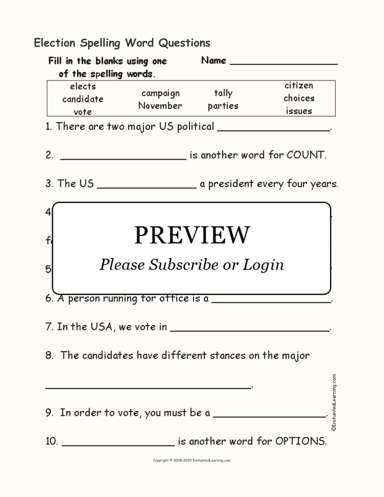 Election Spelling Word Questions interactive worksheet page 1