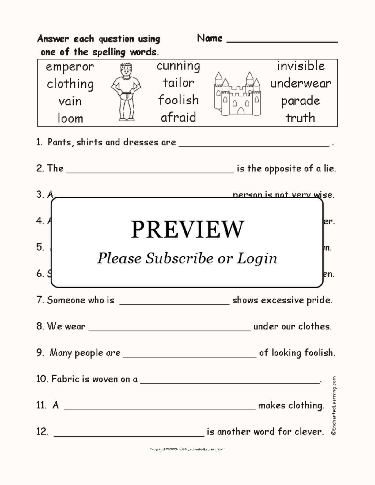 'The Emperor's New Clothes' Spelling Word Questions interactive worksheet page 1
