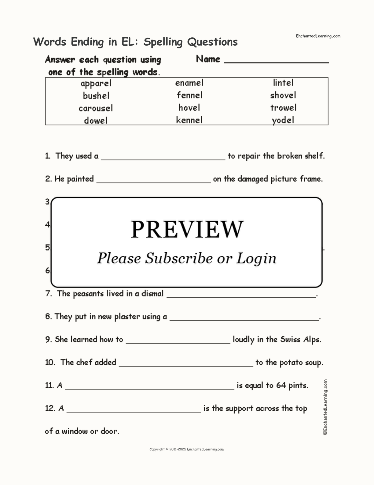 Words Ending in EL: Spelling Questions interactive worksheet page 1