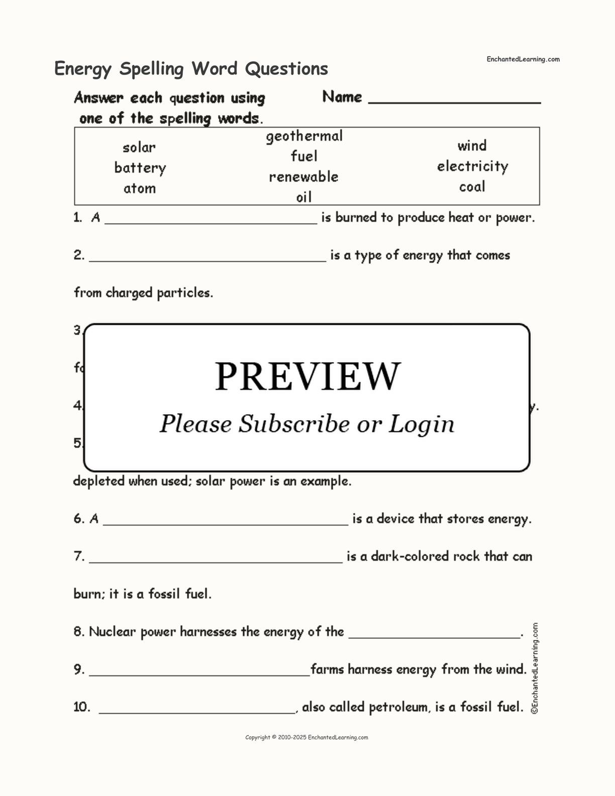 Energy Spelling Word Questions interactive worksheet page 1