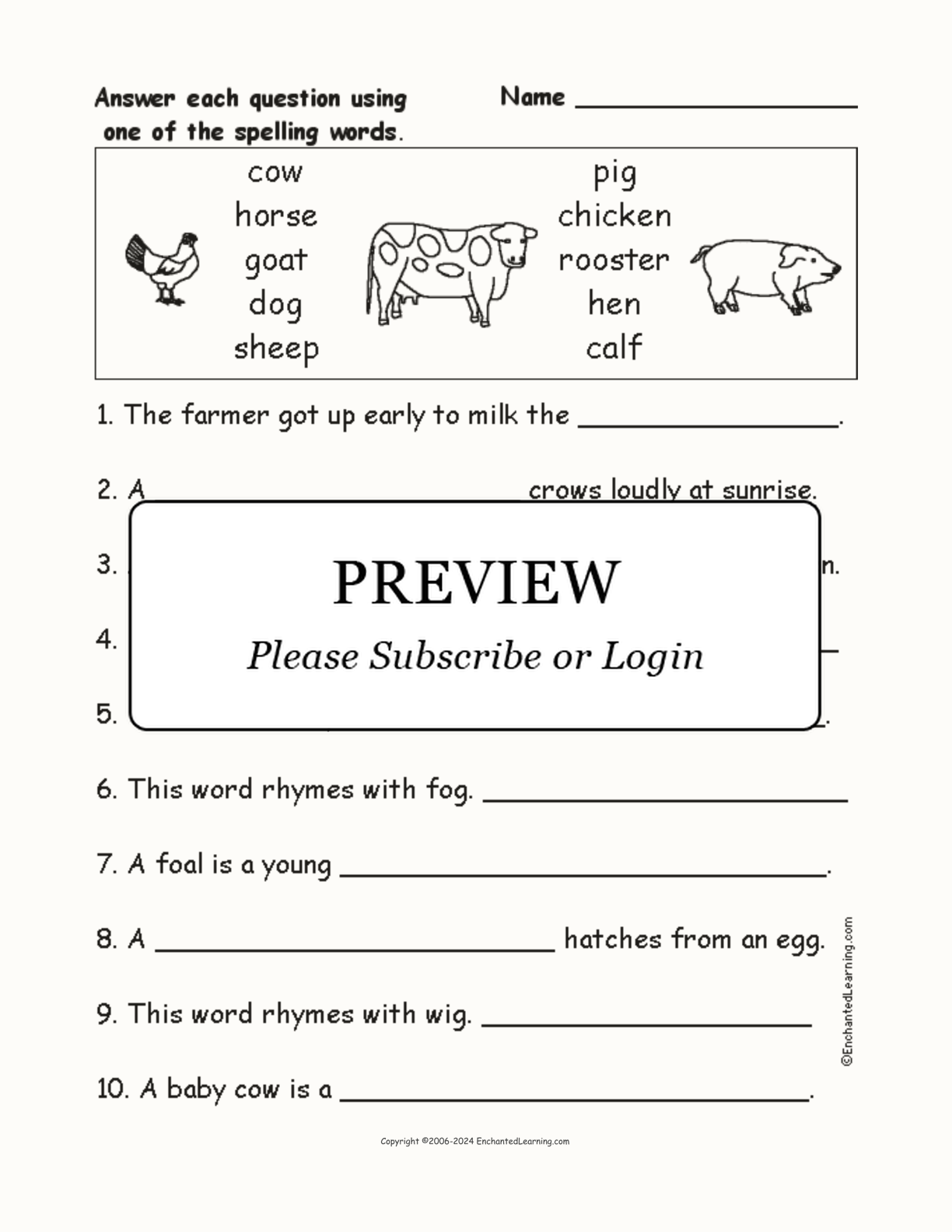 Farm Animals: Spelling Word Questions interactive worksheet page 1