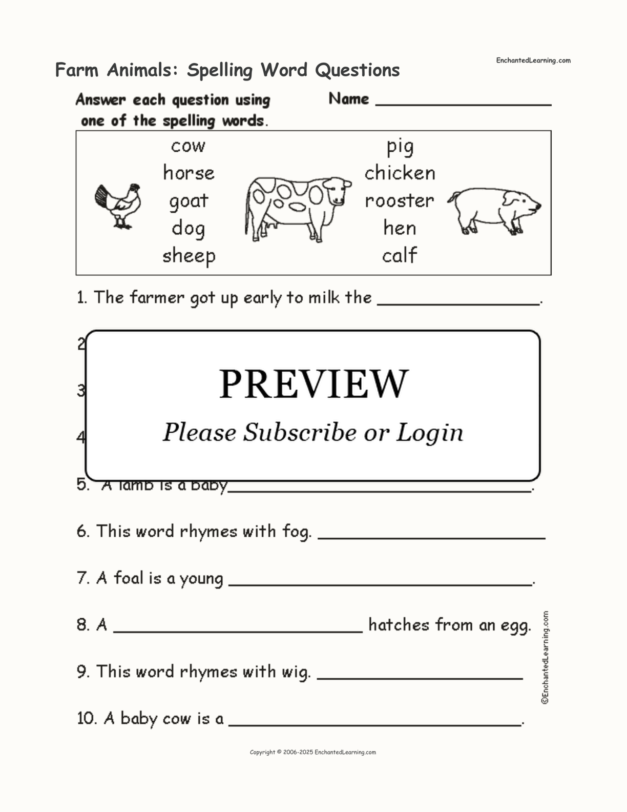 Farm Animals: Spelling Word Questions interactive worksheet page 1